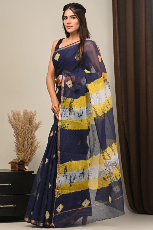 Navy Blue & Yellow Coloured Hand Block Printed Women Designer Party wear Kota Doria Cotton Saree with Runnin Blouse!!