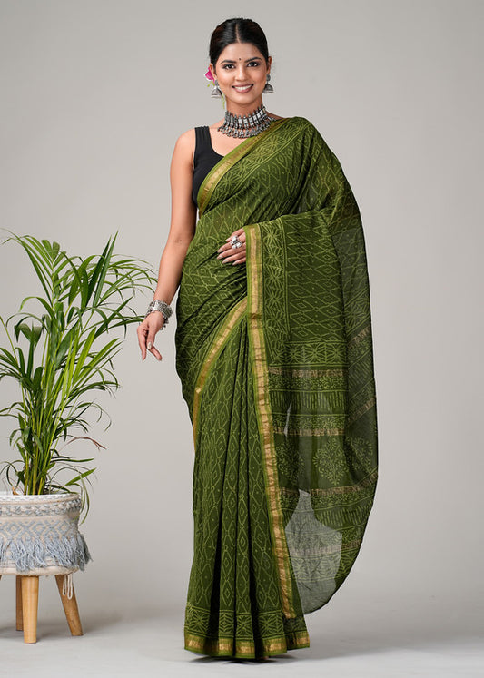 Green & Off White Coloured Hand Block Printed Women Designer Party wear Maheshwari Cotton Silk Saree with Runnin Blouse!!