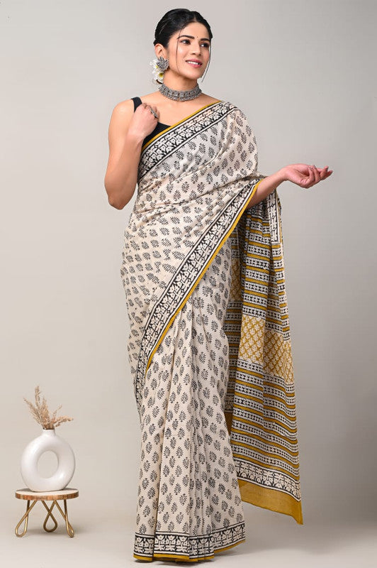 Cream & Grey Coloured Beautiful Hand Block printed Women Daily/Party wear Pure Cotton Saree with Blouse!!