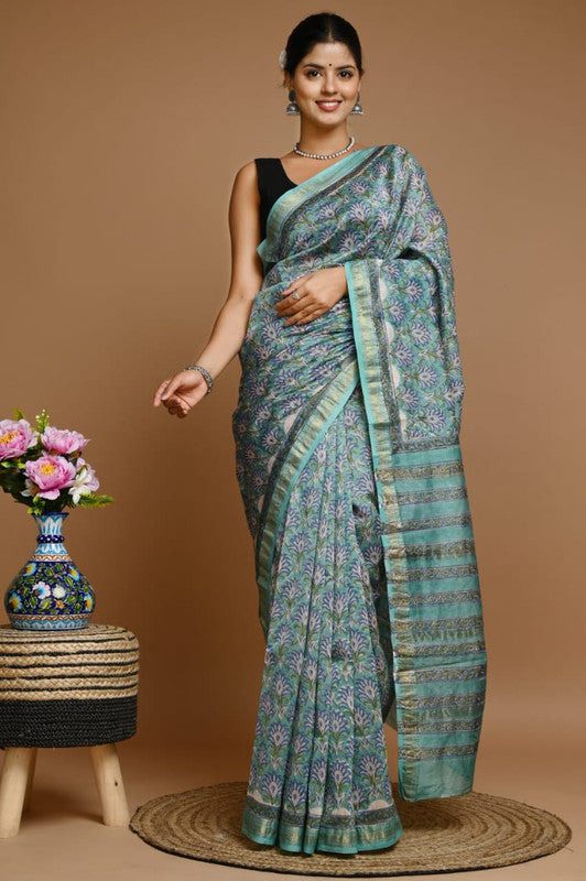 Rama Blue & Multi Coloured Hand Block Printed Women Designer Party wear Maheshwari Cotton Silk Saree with Runnin Blouse!!