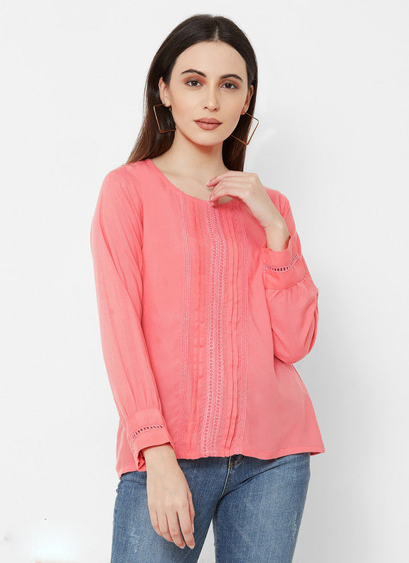 Pink Coloured Premium Rayon Plated Lace Full Sleeves Round Neck Women Party wear Western Top!!