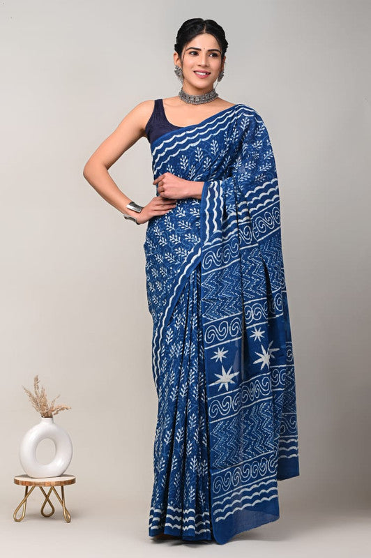 Blue & White Coloured Beautiful Hand Block printed Women Daily/Party wear Pure Cotton Saree with Blouse!!