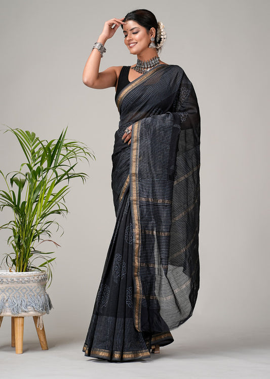 Black & Multi Coloured Hand Block Printed Women Designer Party wear Maheshwari Cotton Silk Saree with Runnin Blouse!!