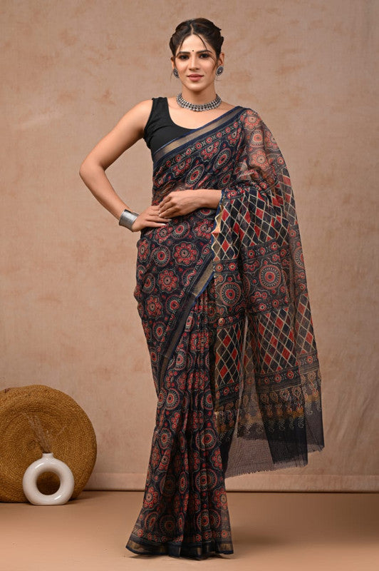 Navy Blue & Multi Coloured Hand Block Printed Women Designer Party wear Kota Doria Cotton Saree with Runnin Blouse!!