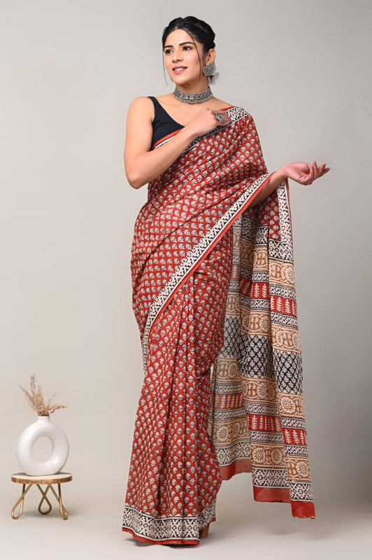 Red & Multi Coloured Beautiful Hand Block printed Women Daily/Party wear Pure Cotton Saree with Blouse!!