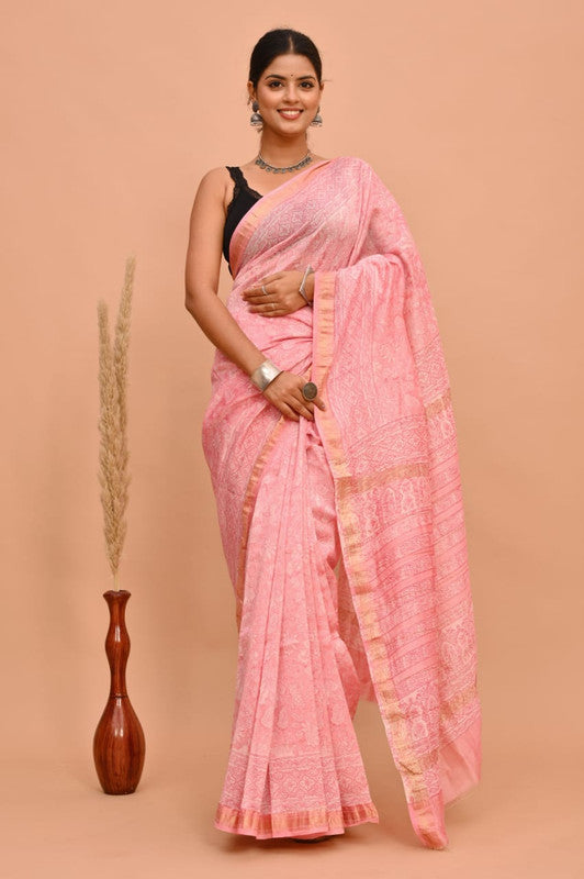 Pink & Multi Coloured Hand Block Printed Women Designer Party wear Maheshwari Cotton Silk Saree with Runnin Blouse!!