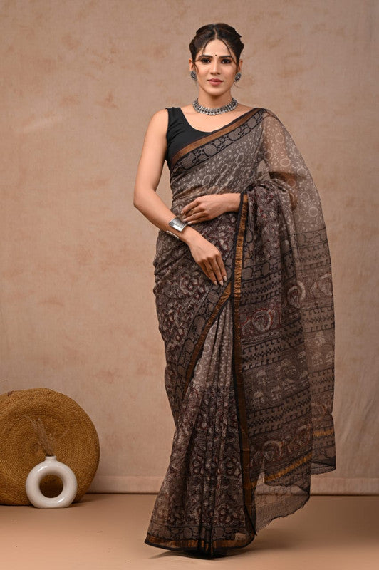 Grey & Multi Coloured Hand Block Printed Women Designer Party wear Kota Doria Cotton Saree with Runnin Blouse!!