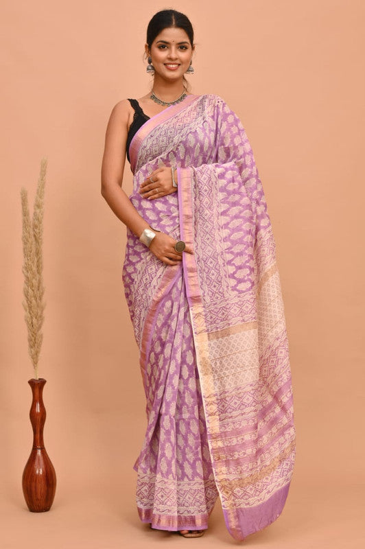 Purple & White Coloured Hand Block Printed Women Designer Party wear Maheshwari Cotton Silk Saree with Runnin Blouse!!