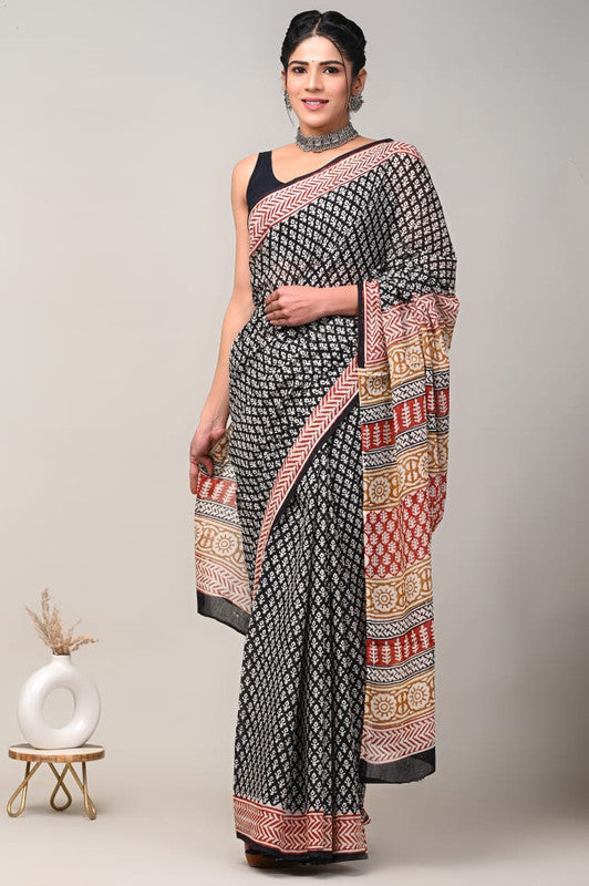 Black & Multi Coloured Beautiful Hand Block printed Women Daily/Party wear Pure Cotton Saree with Blouse!!