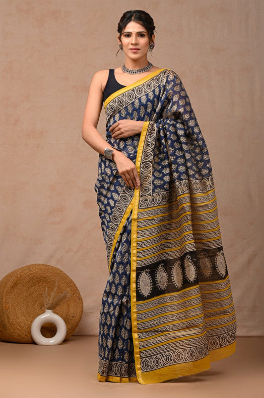 Blue & Multi Coloured Hand Block Printed Women Designer Party wear Chanderi Cotton Silk Saree with Runnin Blouse!!