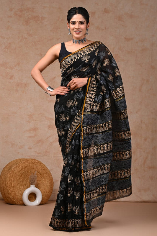 Black & Multi Coloured Hand Block Printed Women Designer Party wear Chanderi Cotton Silk Saree with Runnin Blouse!!