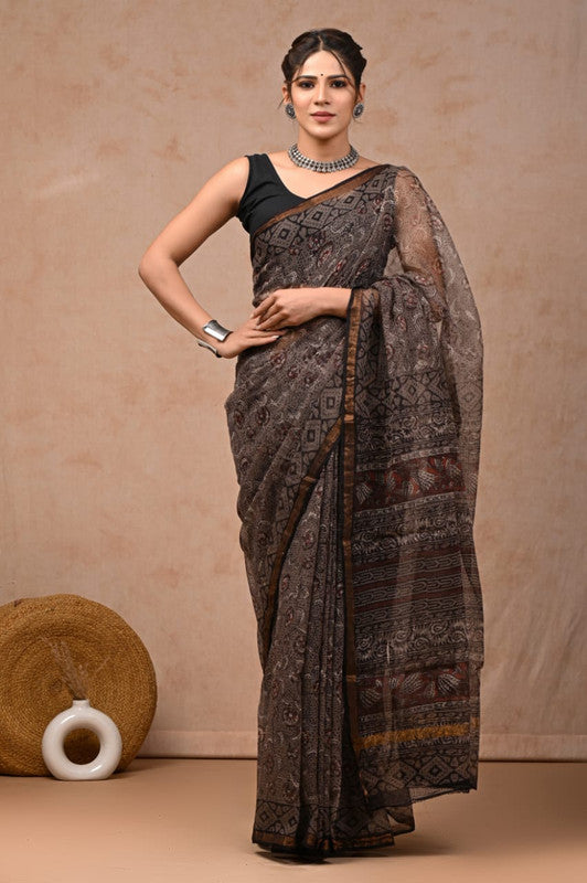 Grey & Multi Coloured Hand Block Printed Women Designer Party wear Kota Doria Cotton Saree with Runnin Blouse!!