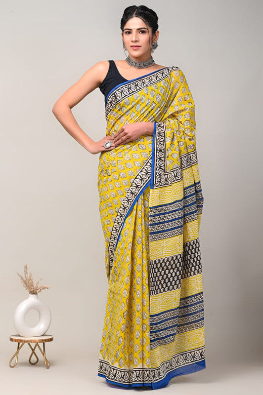 Parrot Green & Multi Coloured Beautiful Hand Block printed Women Daily/Party wear Pure Cotton Saree with Blouse!!