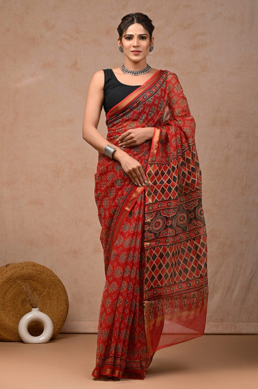 Red & Multi Coloured Hand Block Printed Women Designer Party wear Kota Doria Cotton Saree with Runnin Blouse!!