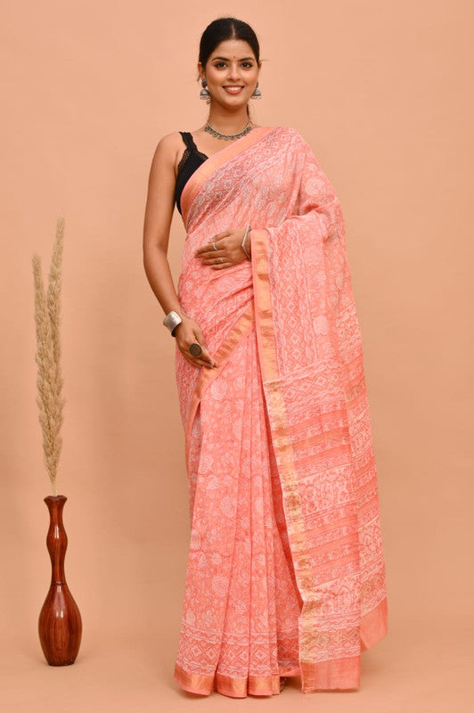 Pink & Off White Coloured Hand Block Printed Women Designer Party wear Maheshwari Cotton Silk Saree with Runnin Blouse!!