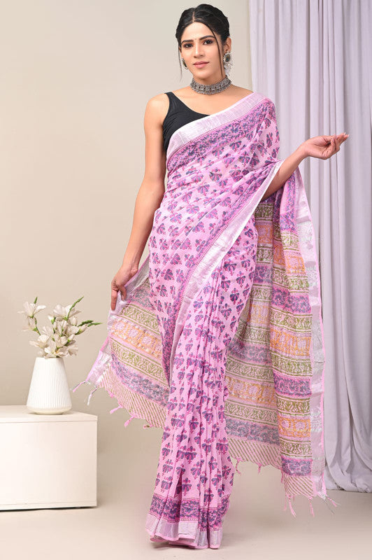 Purple & Multi Coloured Linen Cotton Beautiful Hand Block printed Women Daily/Party wear Saree with Blouse!!