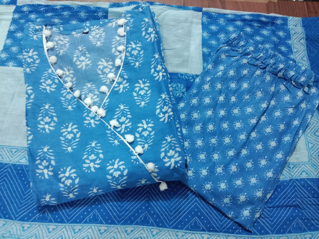 Blue Floral Pompom Suit with Beautiful Print Long Anarkali Kurti Pant with Dupatta!!