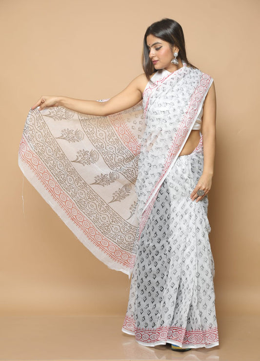 White & Black Coloured Kota Doria Hand Block Printed Cotton Saree with Blouse!!