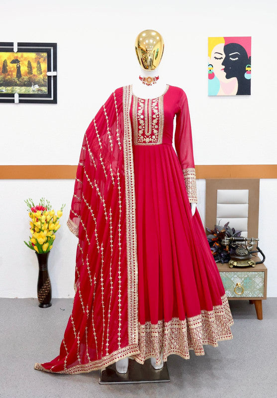 Red Coloured Faux Georgette with Embroidery Sequence Work Women Designer Party wear Gown kurti with Dupatta!!