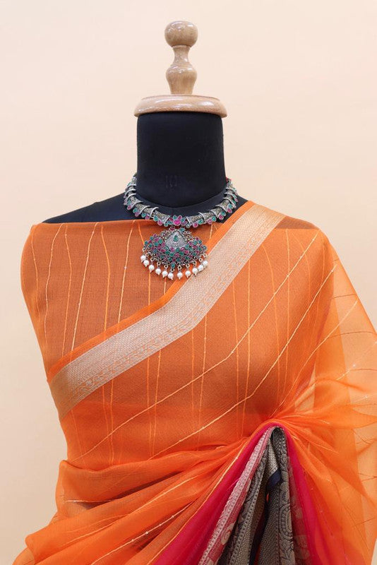 Orange & Dark Pink Coloured Soft pure Kora Khadi Organza Silk Jacquard weaving border with chit pallu Women Party wear Silk Saree with Blouse!!