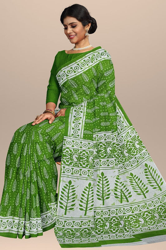 Green & White Coloured Premium Mul Mul Cotton Beautiful Hand Block printed Women Daily/Party wear Saree with Blouse!!