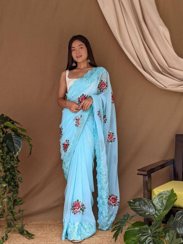 Sky Blue & Multi Coloured Pure Georgette Silk with Beautiful flowers Cut work Women Designer Party wear Fancy Georgette Silk Saree with Blouse!!