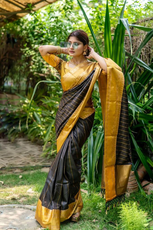 Black & Gold Coloured Exclusive Soft Raw Silk with Contrast Temple woven Border Women Party wear Soft Raw Silk Saree with Blouse!!