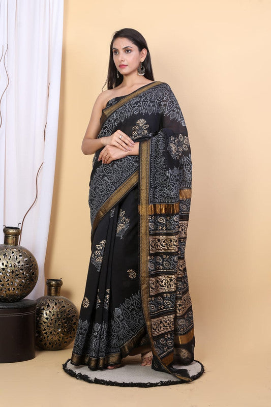 Black & Multi Coloured Hand Block Printed Women Designer Party wear Maheshwari Cotton Silk Saree with Runnin Blouse!!