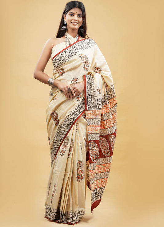 Beige & Maroon Coloured Beautiful Hand Block printed Women Daily/Party wear Pure Cotton Saree with Blouse!!