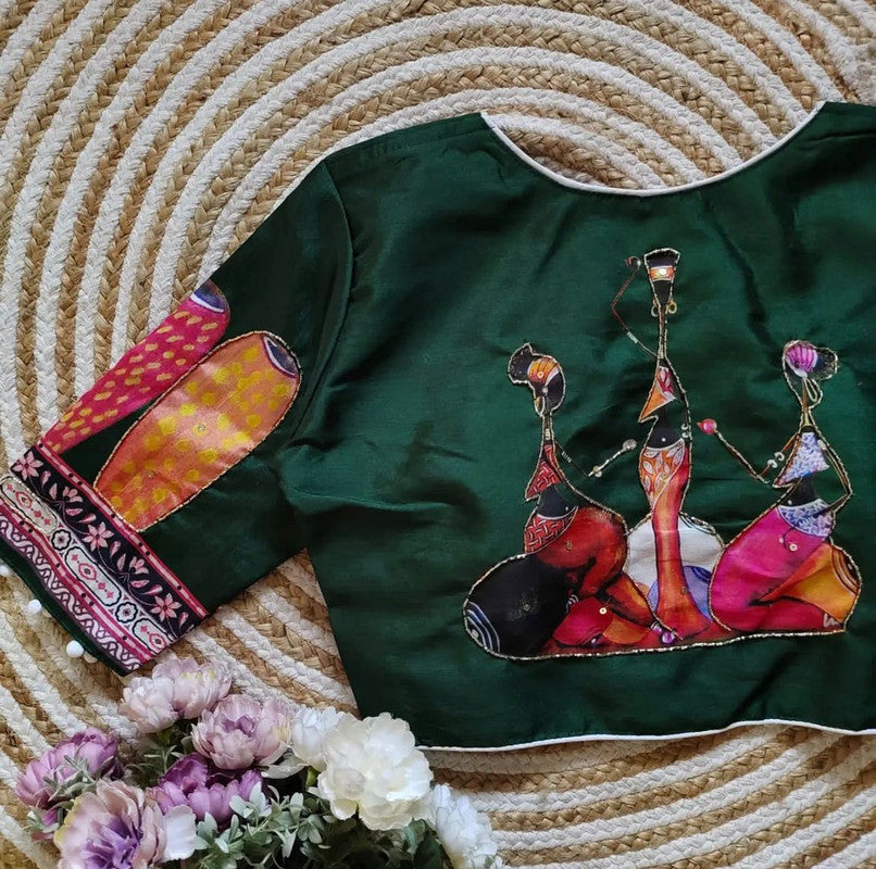 Green & Multi Coloured Pure Silk with Digital Printed & Hand work Woman Ready made Designer Botique Style Navaratri Concept Blouse- Free Size Up to 42 Inch!!