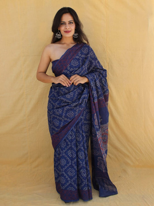 Navy Blue & Multi Coloured Pure Cotton Beautiful Hand Block printed Women Daily/Party wear Saree with Blouse!!