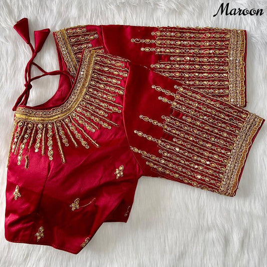 Maroon Coloured fentam Silk Coding Jari & Khatli Hand work Woman Ready made Botique Style Designe Blouse- Free Size Up to 40 Inch!!