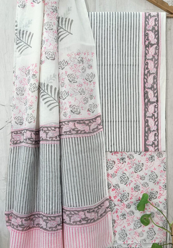 Light Pink & Grey Coloured Unstitched Pure Cotton Hand Block Printed Women Party/Daily wear Dress Material Suit- Top with Bottom & Cotton Dupatta!!