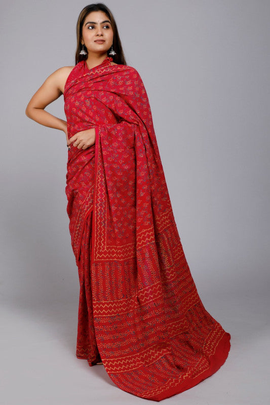 Red Beautiful Hand Block Printed Cotton Saree with Blouse!!