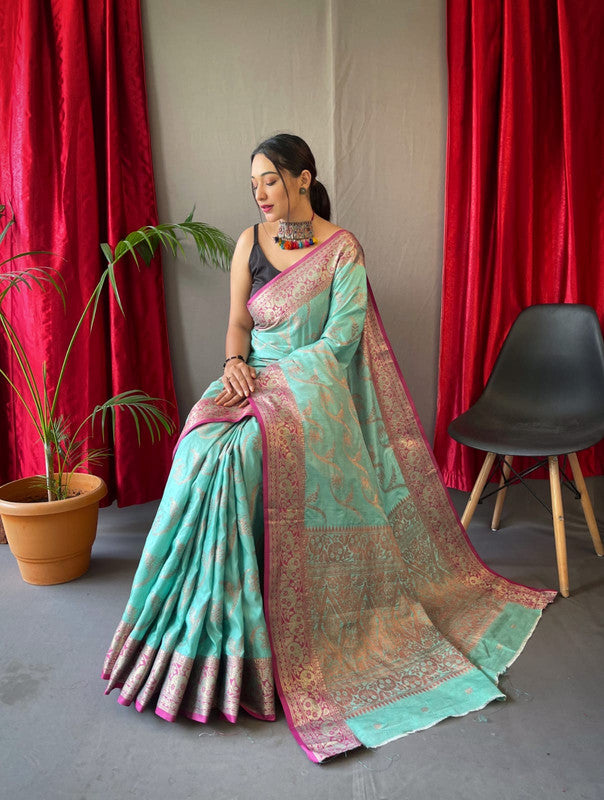 Shop Online Green Check Banarasi Saree with Pink and Yellow Zari Border –  Pure Elegance