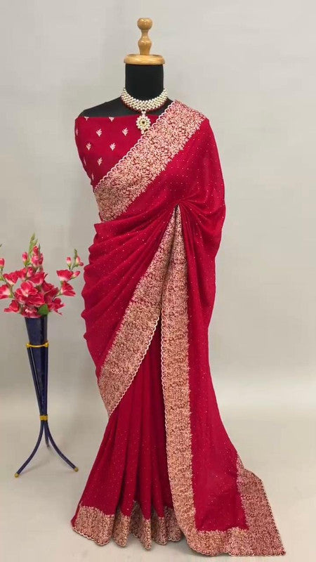 Red Coloured Premium Vichitra Silk Embroidered Cutwork Border Women Designer Party wear Fancy Saree with Blouse!!