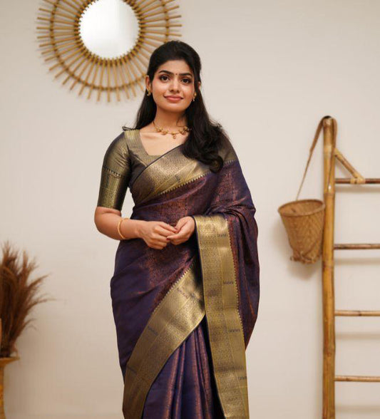 Navy Blue Coloured Exclusive Kubera Pattu Women Party wear Pure Kanjivaram Silk Saree with Brocade Blouse!!