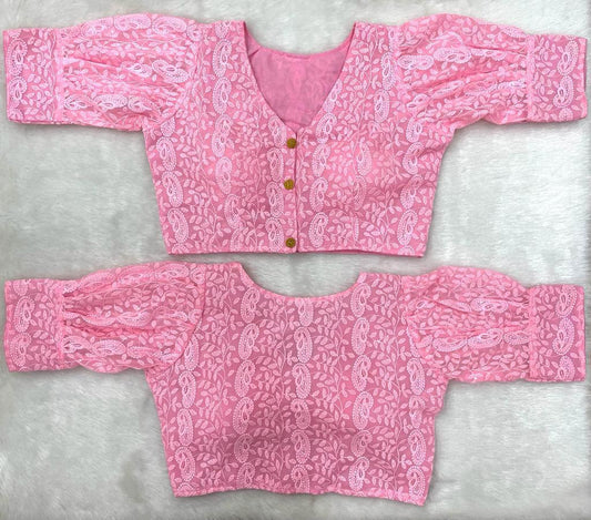 Pink Coloured Premium Georgette Chikankari Puff Sleeves heavy work Woman Ready made Designer fancy Blouse- Free Size Up to 42 Inch!!