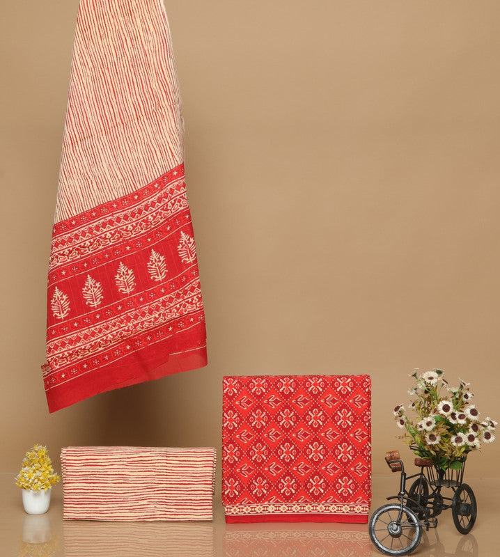 Red Cotton Hand Printed Dress Material with Salwar & Cotton Dupatta!!