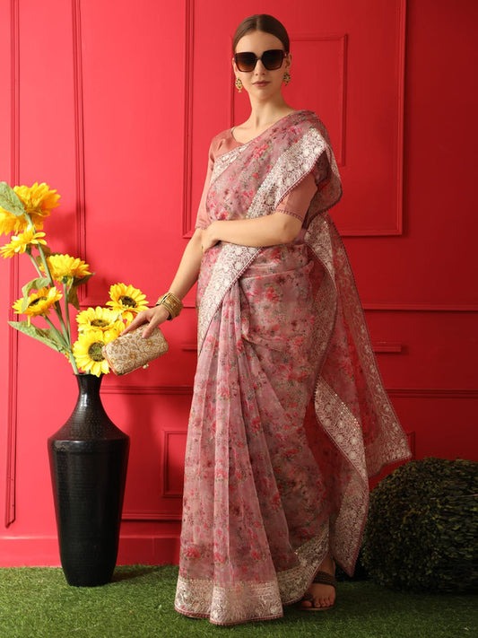 Pink & Multi Coloured Soft Organza Silk with Fine Sequence Embroidered Border Work Women Party wear Saree with Blouse!!