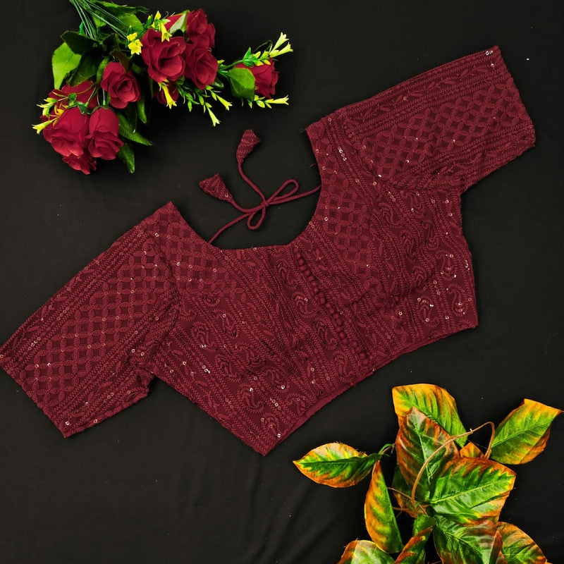 Maroon Coloured Lucknowi Chickenkari Chifli & Sequence work Ready made Blouse!!