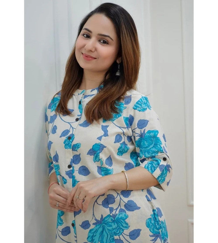 Blue & Off White Coloured Premium Rayon Floral Printed Round Neck 3/4 Sleeves Women Designer Party wear Kurti with Pant!!