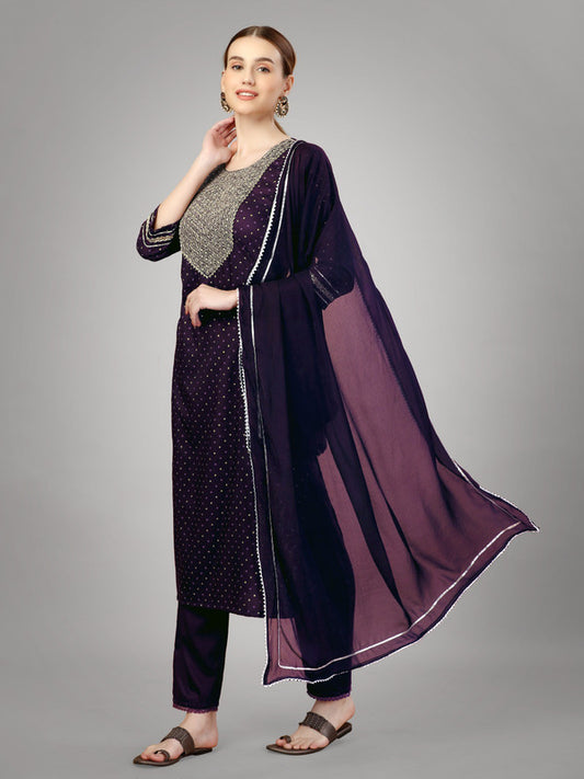 Purple Coloured With Embroidery & Sequence Work Women Designer Party/Casual wear Silk Blend Kurti with Pant & Dupatta!!