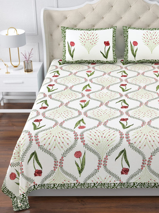 Green & Pink Coloured Pure Cotton with Beautiful Hand Block Printed King size Double Bed sheet with 2 Pillow covers!!