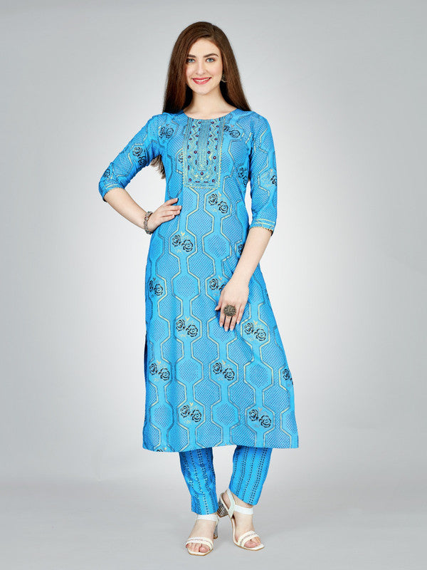 Sky Blue & Multi Coloured Heavy Rayon with Embroidery work Women Designer Daily wear Kurti with Pant!!