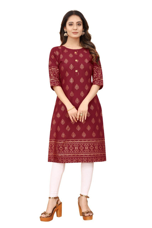 Maroon Coloured Cotton Gold Foil Printed 3/4 Sleeves Stright Fit Kurti!!