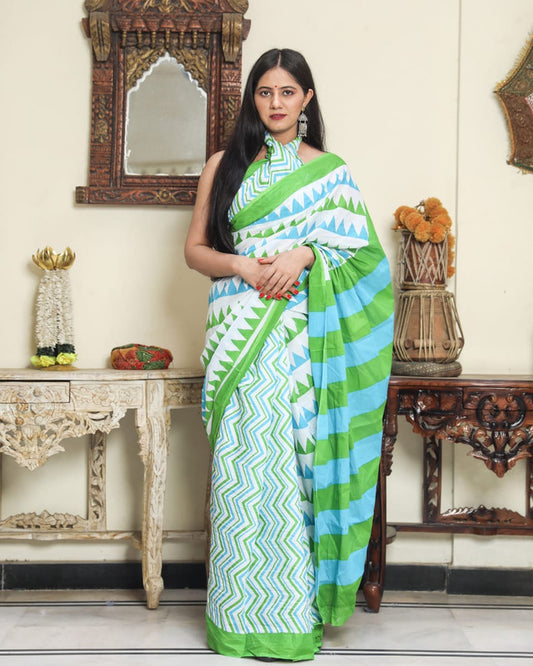 BEAUTIFUL HAND PRINTED MUL COTTON SAREE