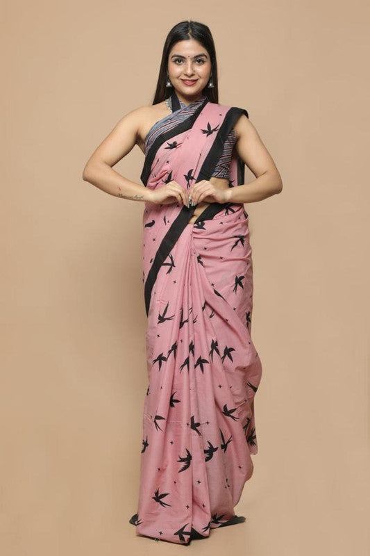 Onion Pink & Black Coloured Beautiful Hand Block printed Women Daily/Party wear Pure Mul Cotton Saree with Blouse!!