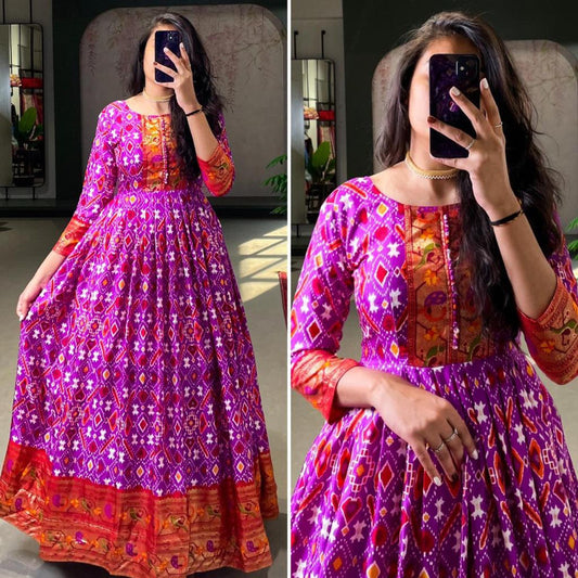 Purple & Multi Coloured Premium Dola Silk Patola Paithani Print with Foil work Women Ready to Wear Designer Party wear  Gown Kurti!!