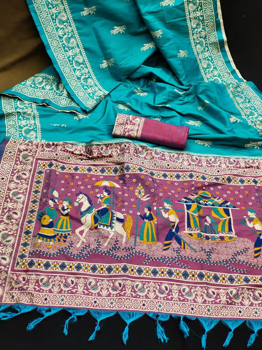 Dark Rama Blue & Onion Pink Coloured Two Tone Weaving with Antique Design Women Party wear Soft Raw Silk Saree with Blouse!!